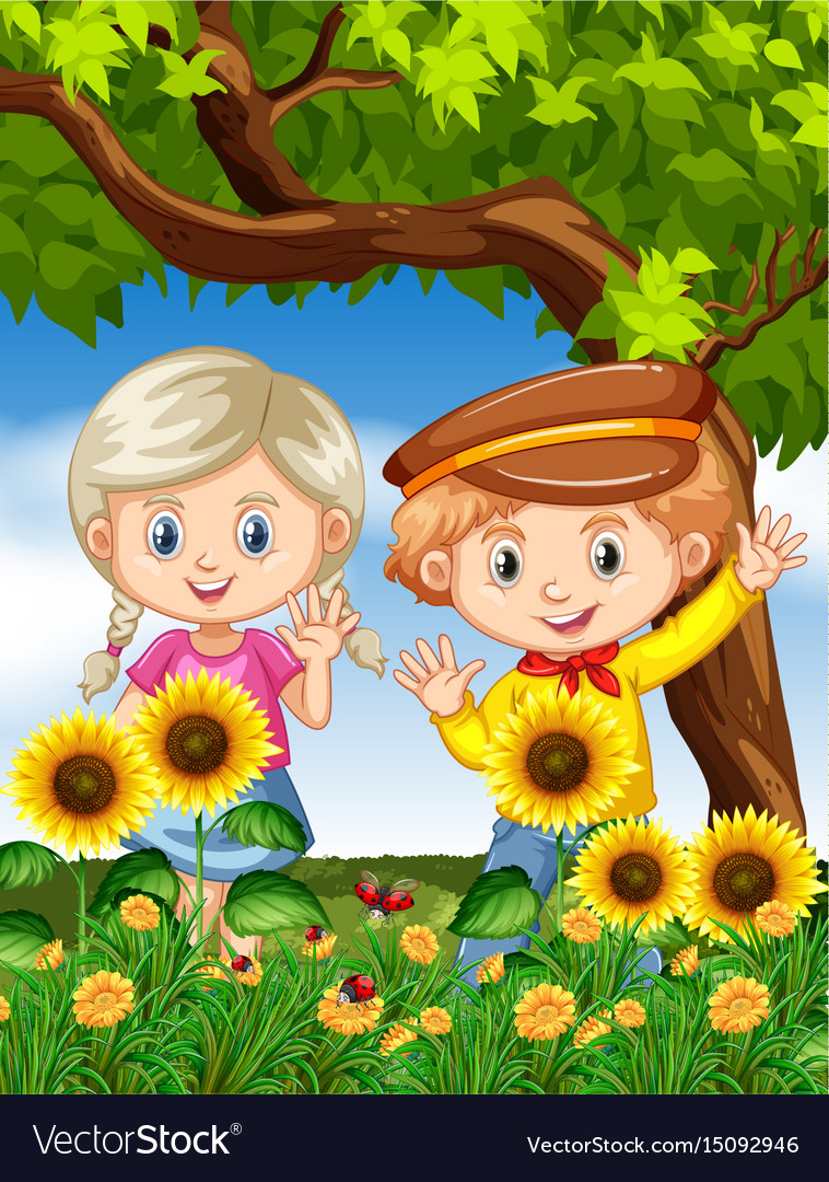 Boy and girl in sunflower garden Royalty Free Vector Image Boy and girl in sunflower garden Royalty Free Vector Image