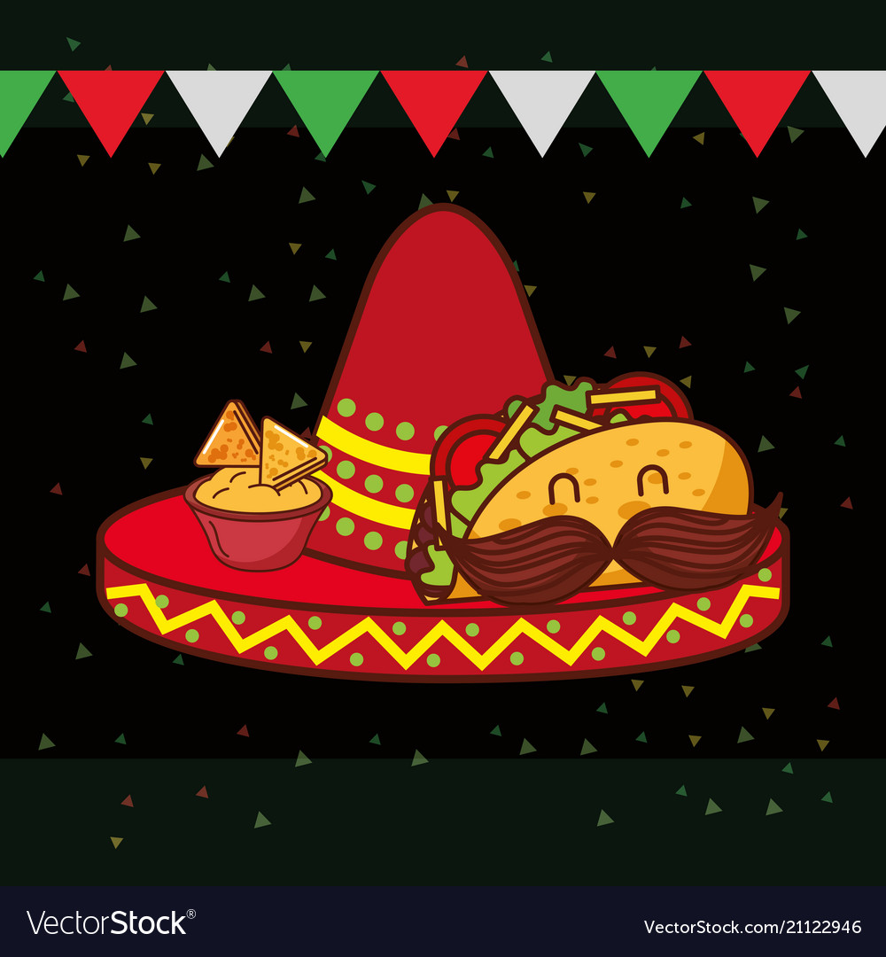 cartoon taco with mustache hat and nachos mexican food vector illustration.