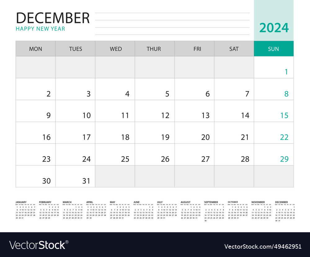 December 2024-calendar 2024 template on green Vector Image