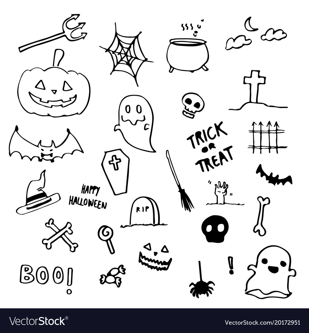 Premium Vector, Set halloween drawing of halloween objects in black and  white