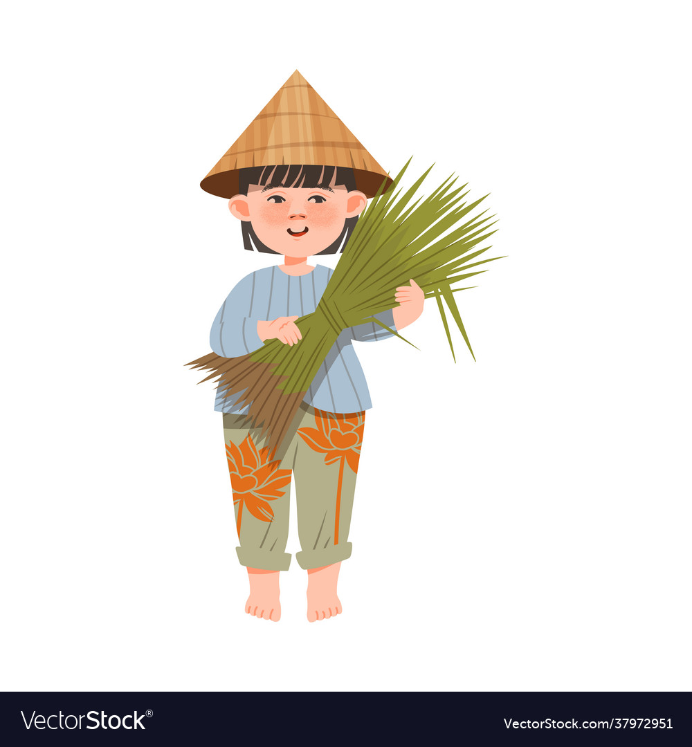 Little kid as asian farmer in straw conical hat Vector Image