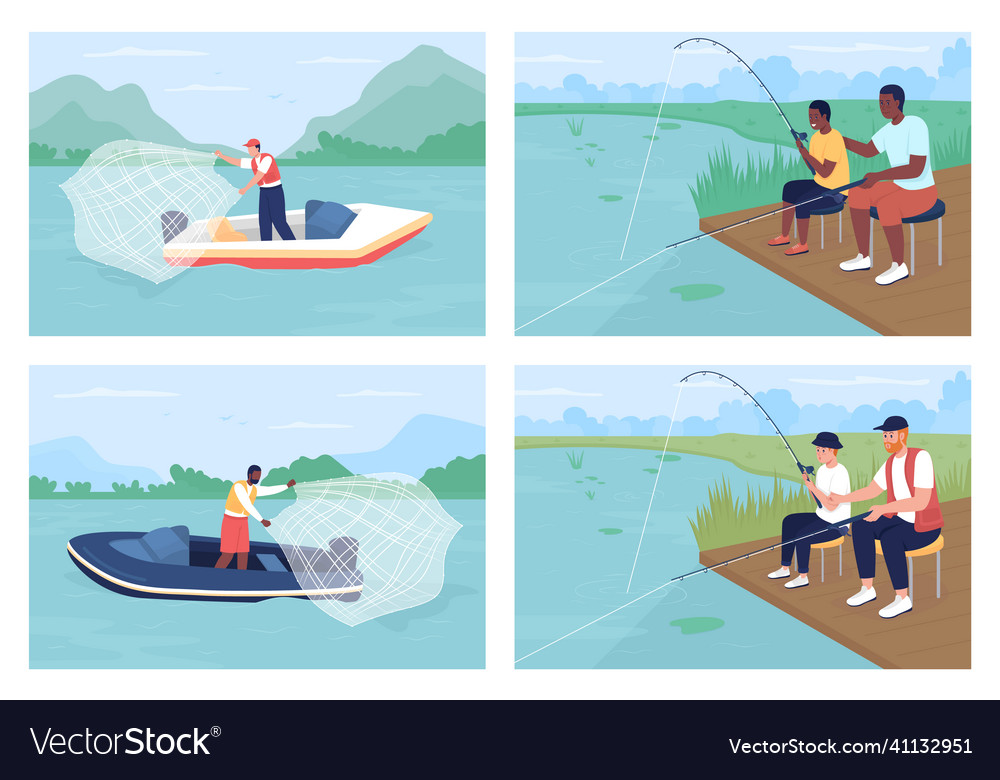 Recreational fishing flat color set