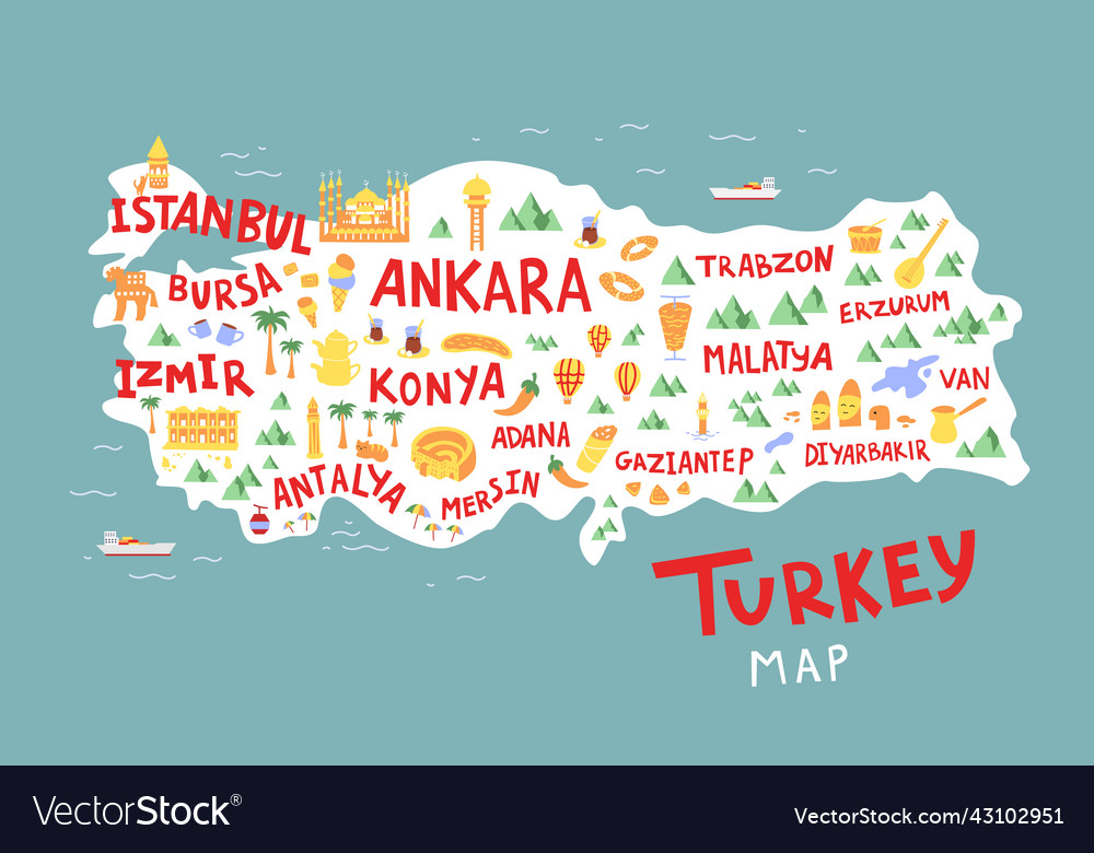 Turkey cartoon map flat hand drawn Royalty Free Vector Image