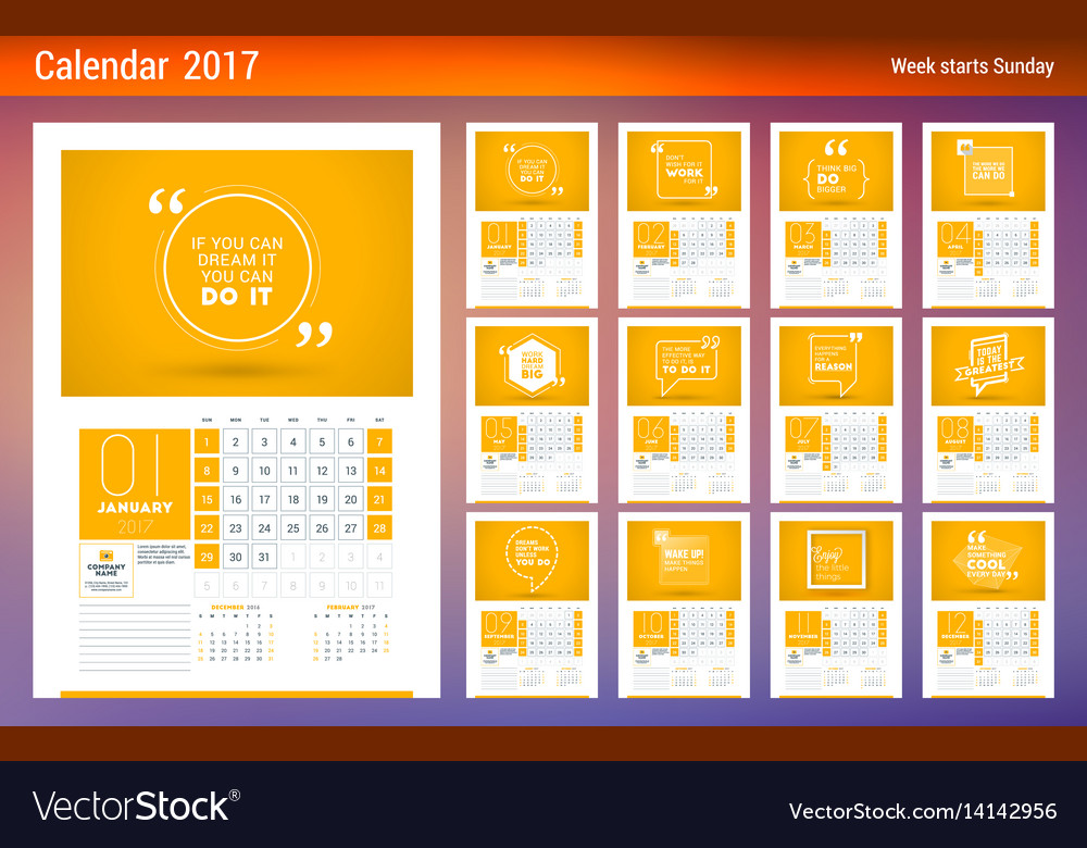 Wall Calendar Planner Template For 2017 Year Week Vector Image
