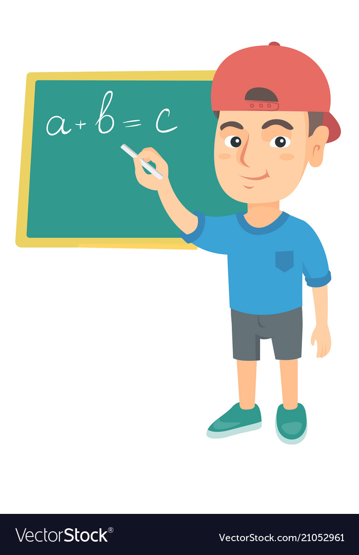 Caucasian schoolboy writing on the blackboard Vector Image