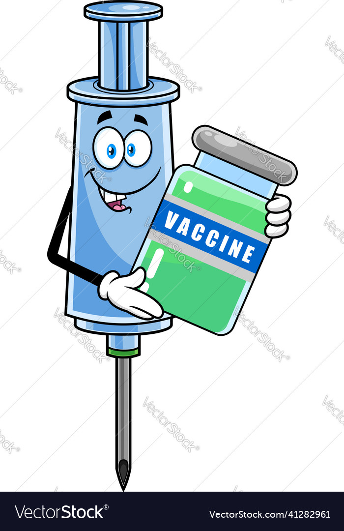 Medical syringe cartoon character present vaccine Vector Image