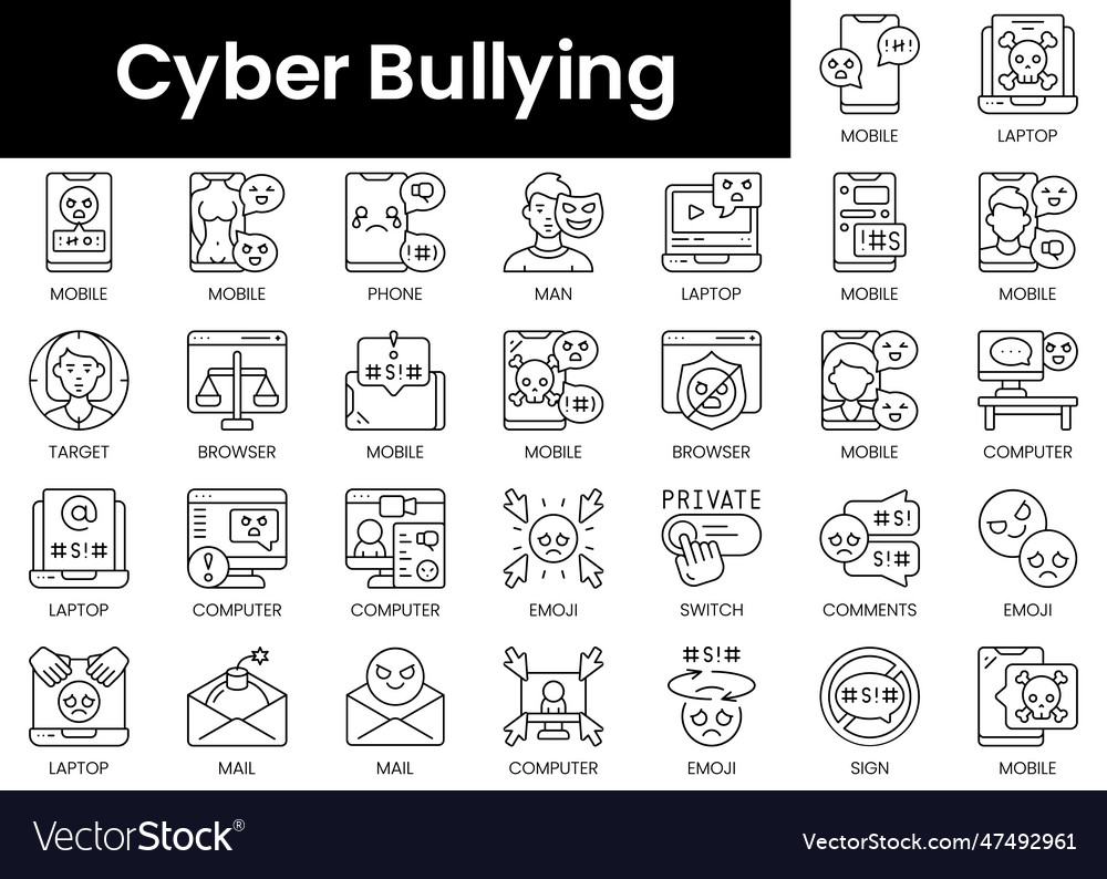 Set of outline cyber bullying icons minimalist Vector Image