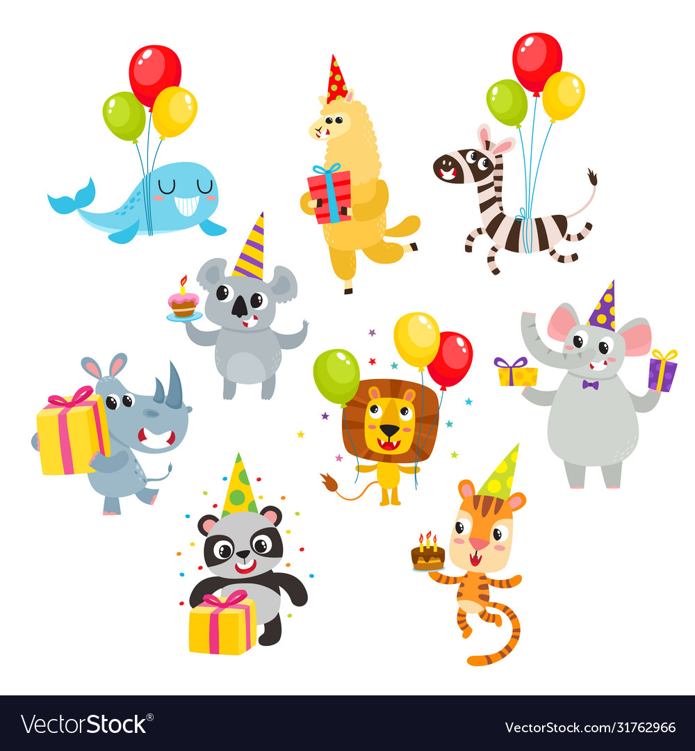 Collection cartoon animals with gifts balloons Vector Image