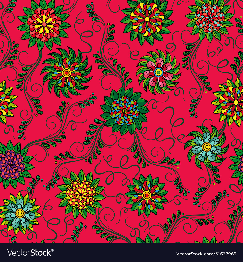 Seamless pattern with flowers over red