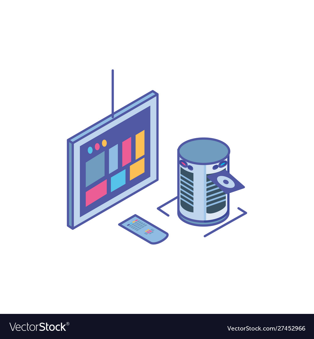 Tv screen with remote control and server equipment