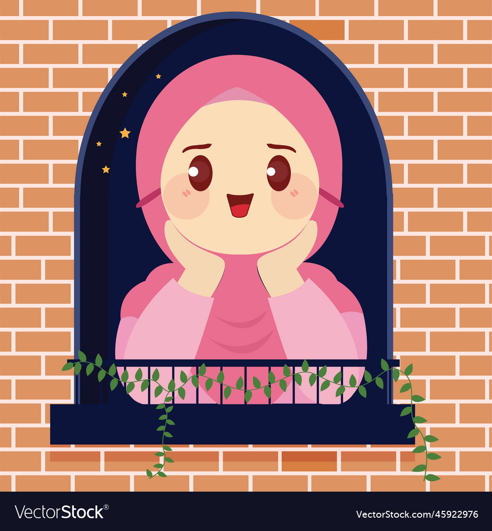 Cute muslim cartoon in front of the window