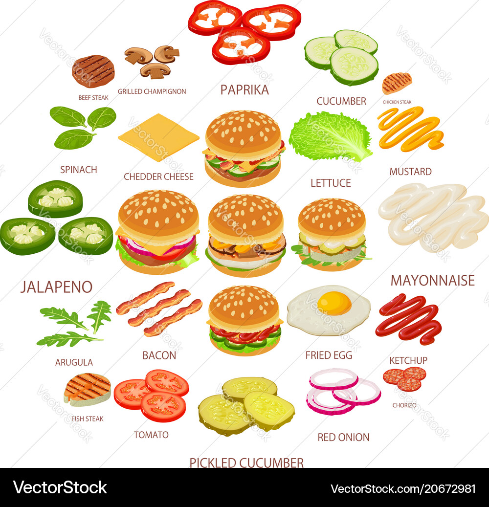 Burger ingredient icons set isometric style Vector Image