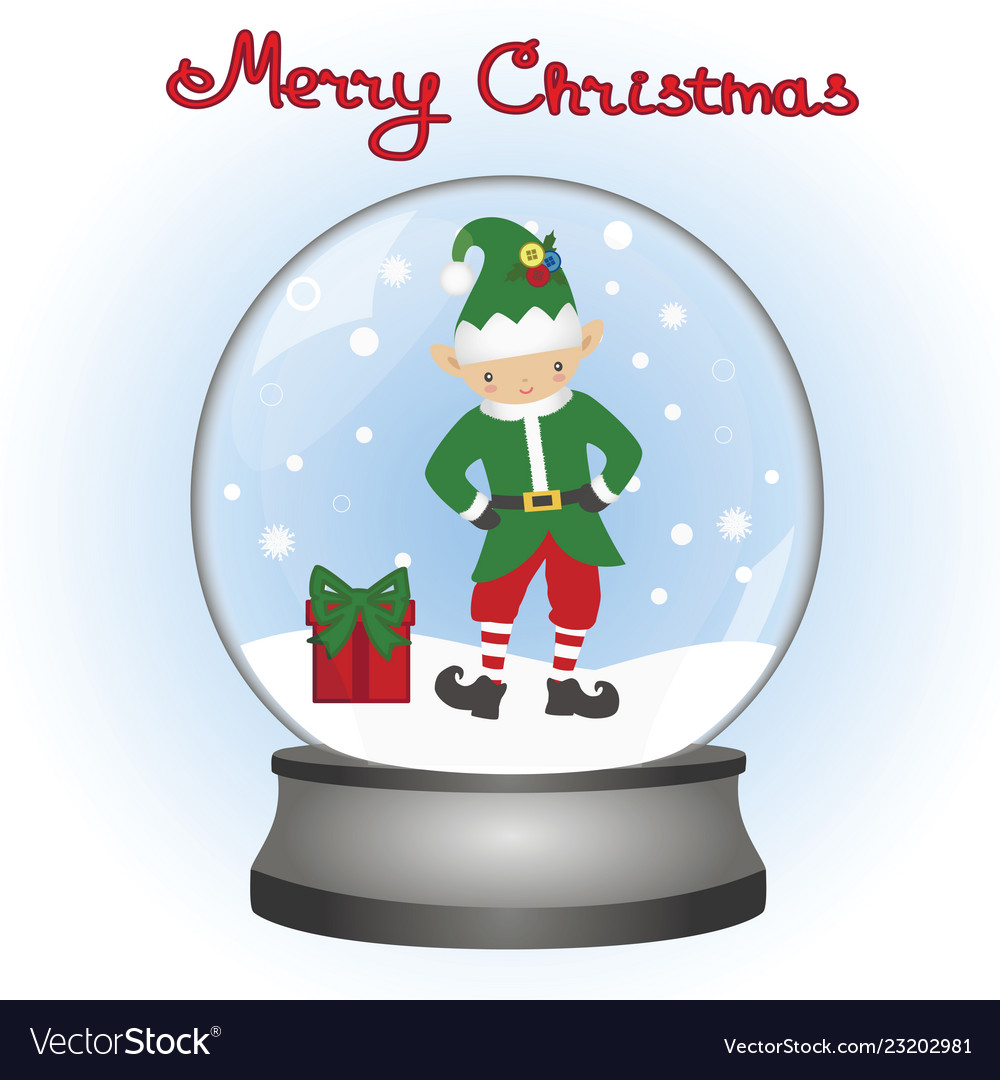 Christmas card elf in a snow globe Royalty Free Vector Image