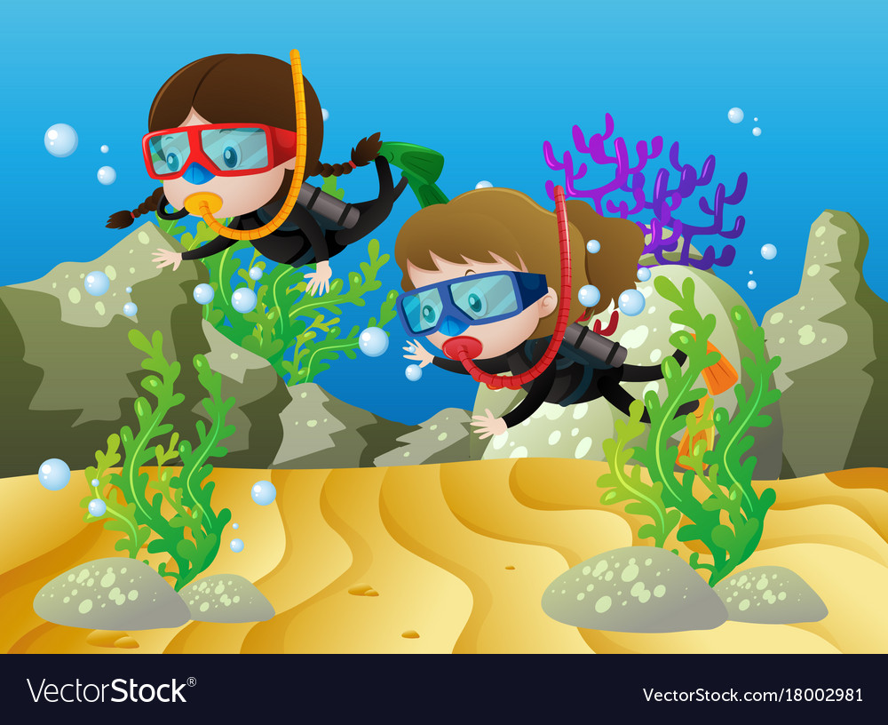 Scene With Two Girls Diving Under The Sea Vector Image