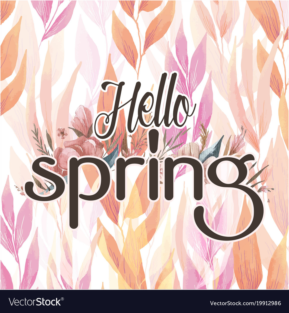 Hello spring flowers leaves pink background