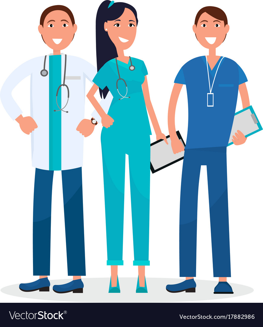 Three physicians standing and smiling graphic Vector Image