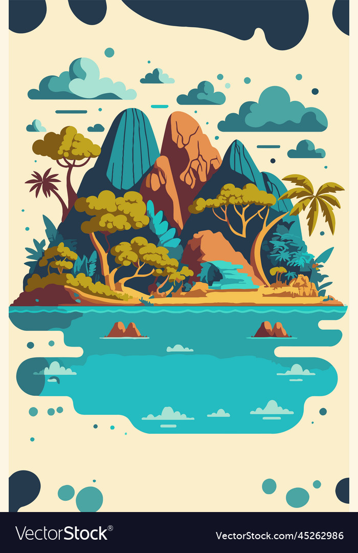 Tropical island in ocean with mountain and palm