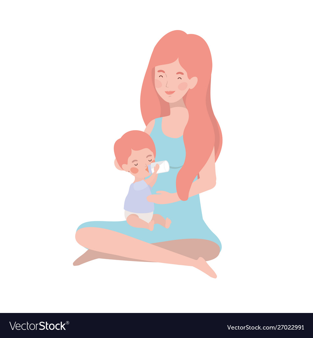 Cute pregnancy mother seated with little boy Vector Image