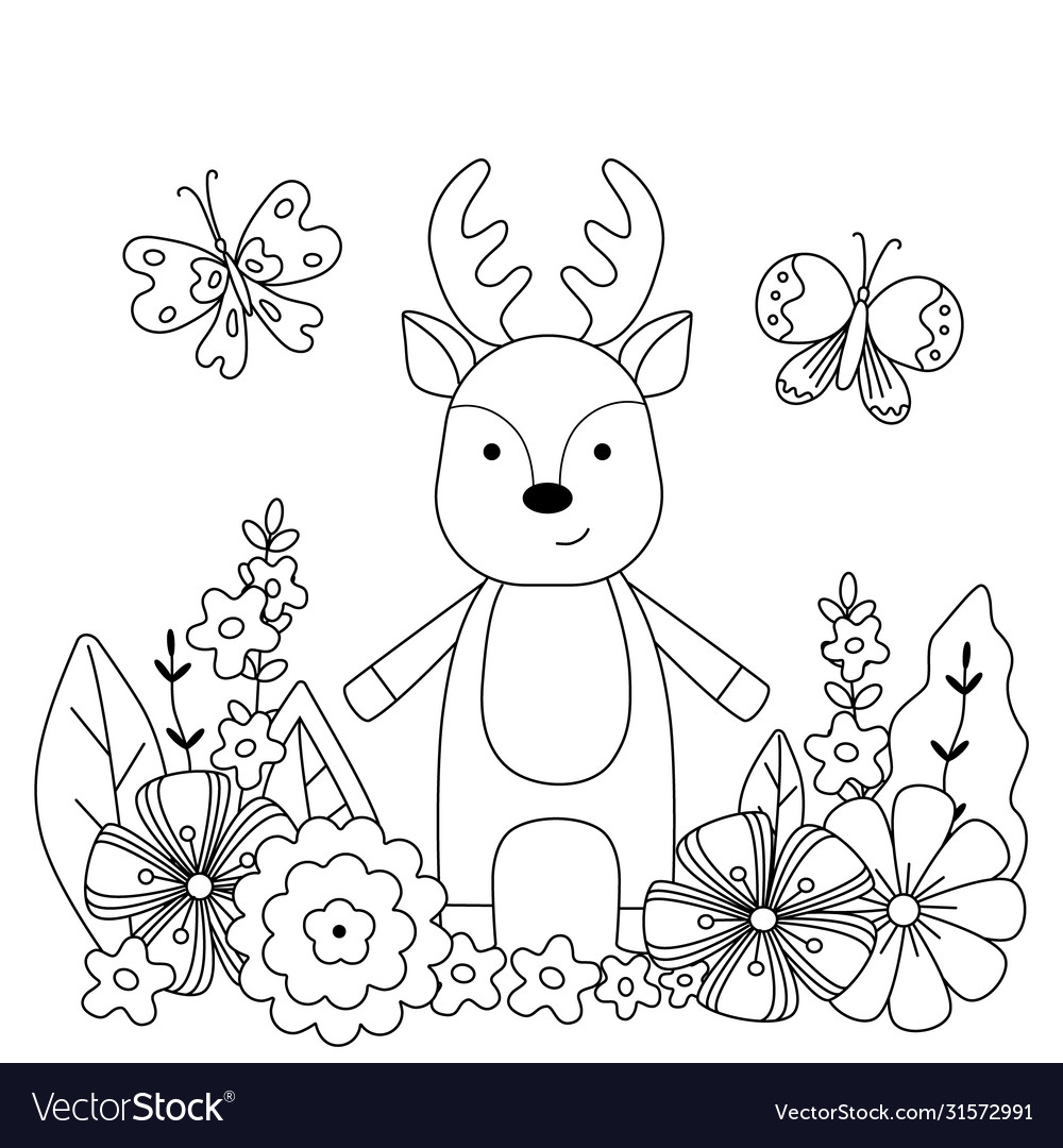 Kids coloring book with cute deer and butterflies