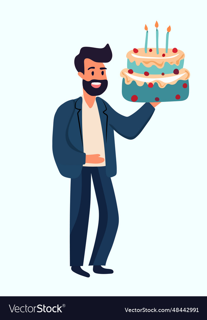 Office worker celebrating birthday holding cake Vector Image