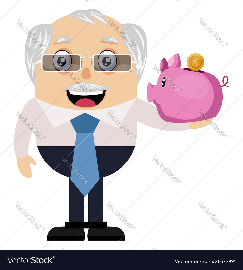 Old man with piggy bank on white background