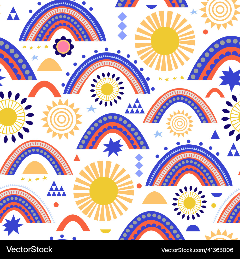 Seamless pattern with rainbow and sun Royalty Free Vector
