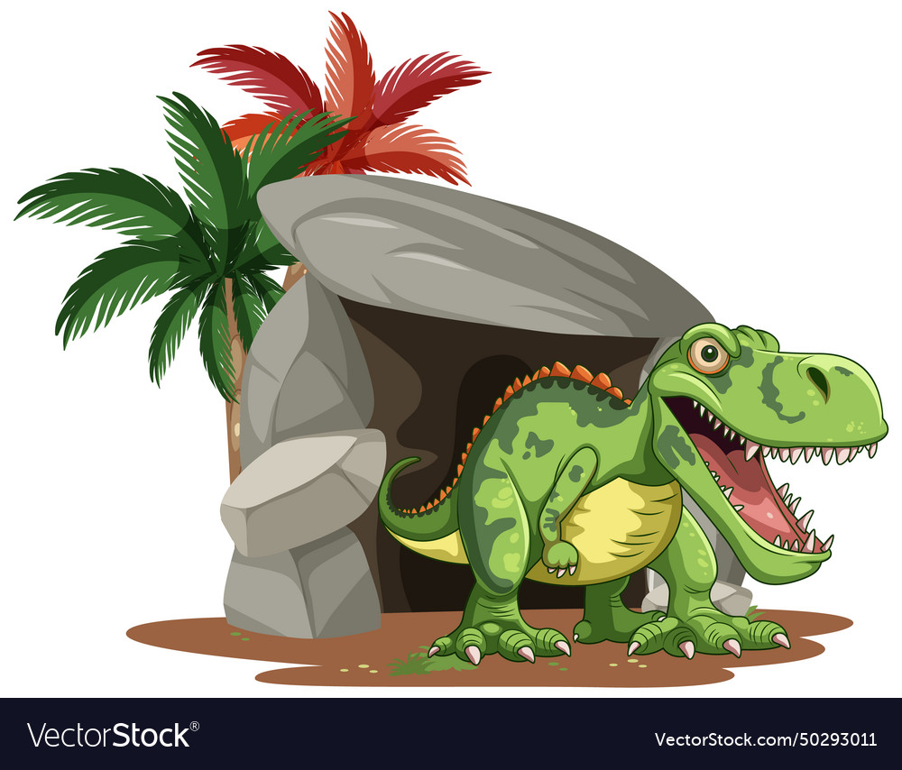 Cartoon dinosaur smiling near a rocky shelter Vector Image