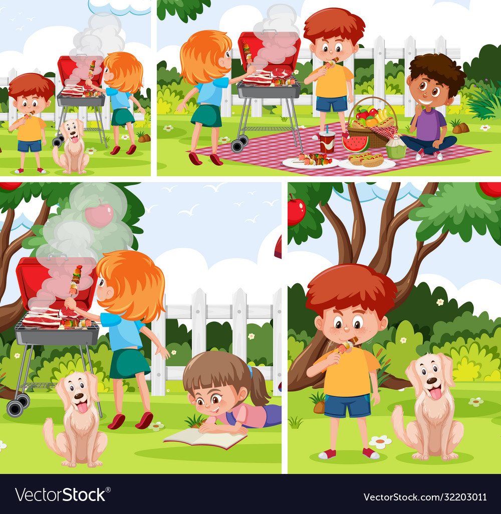 Children with outdoor background set