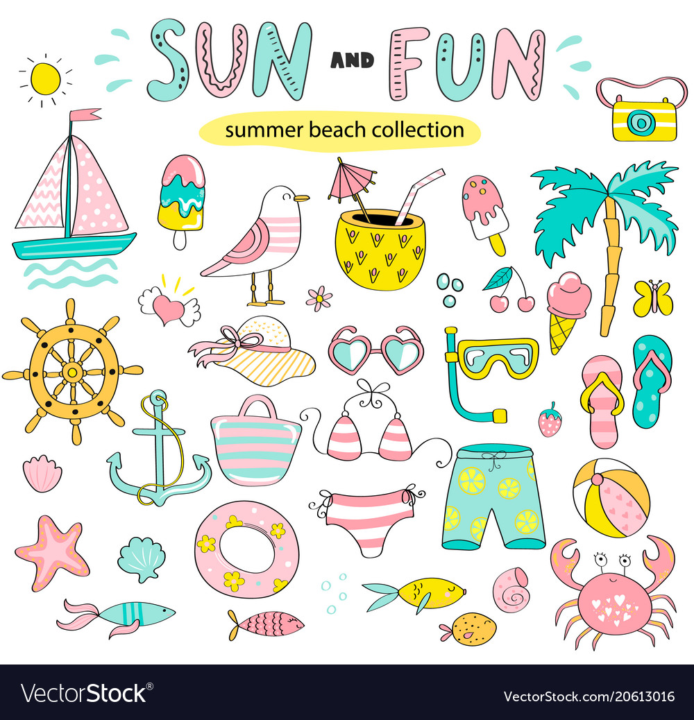 Summer set of sun and fun hand drawn elements vector image Summer set of sun and fun hand drawn elements