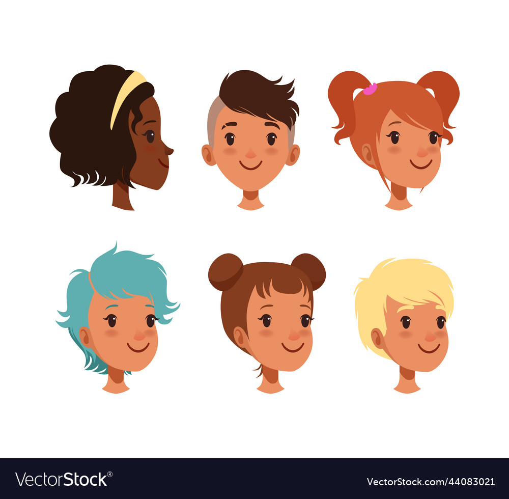 Cute girls and boys heads view from different