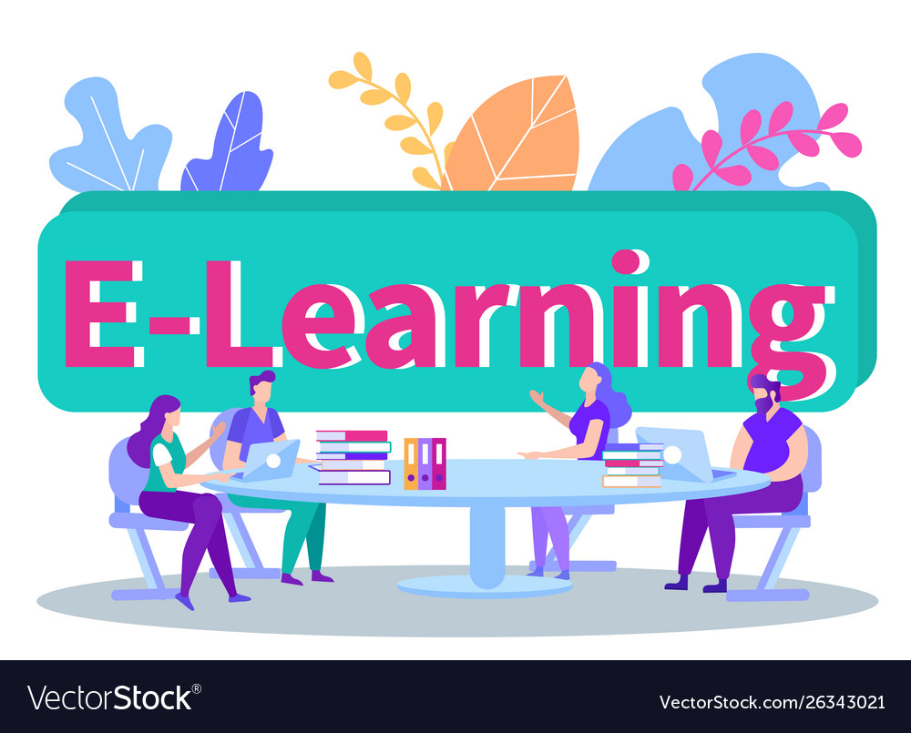 Students sit behind table with laptops and books Vector Image