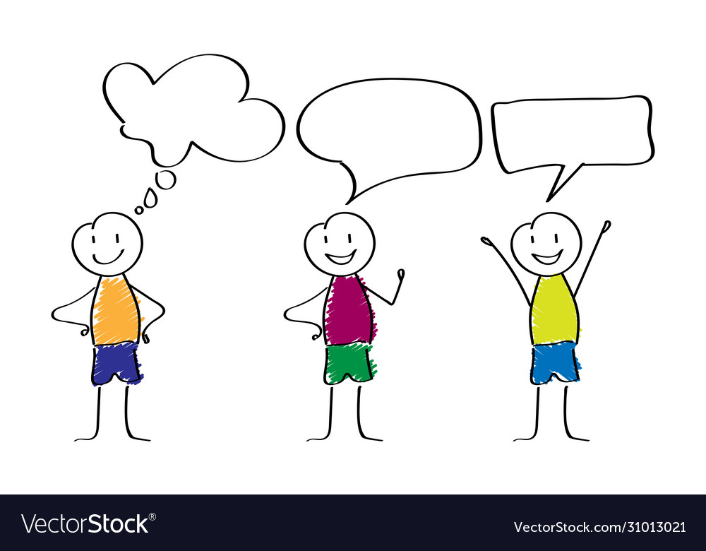 Three happy cartoon stickmen with empty speech Vector Image