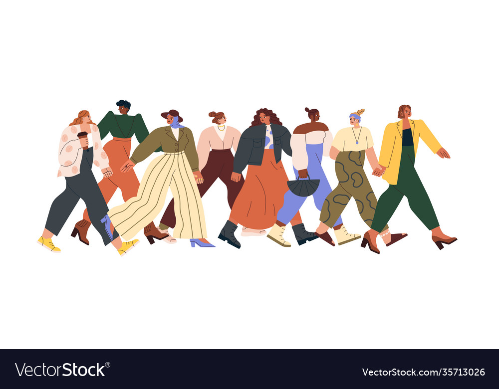 Group different women walking together Royalty Free Vector