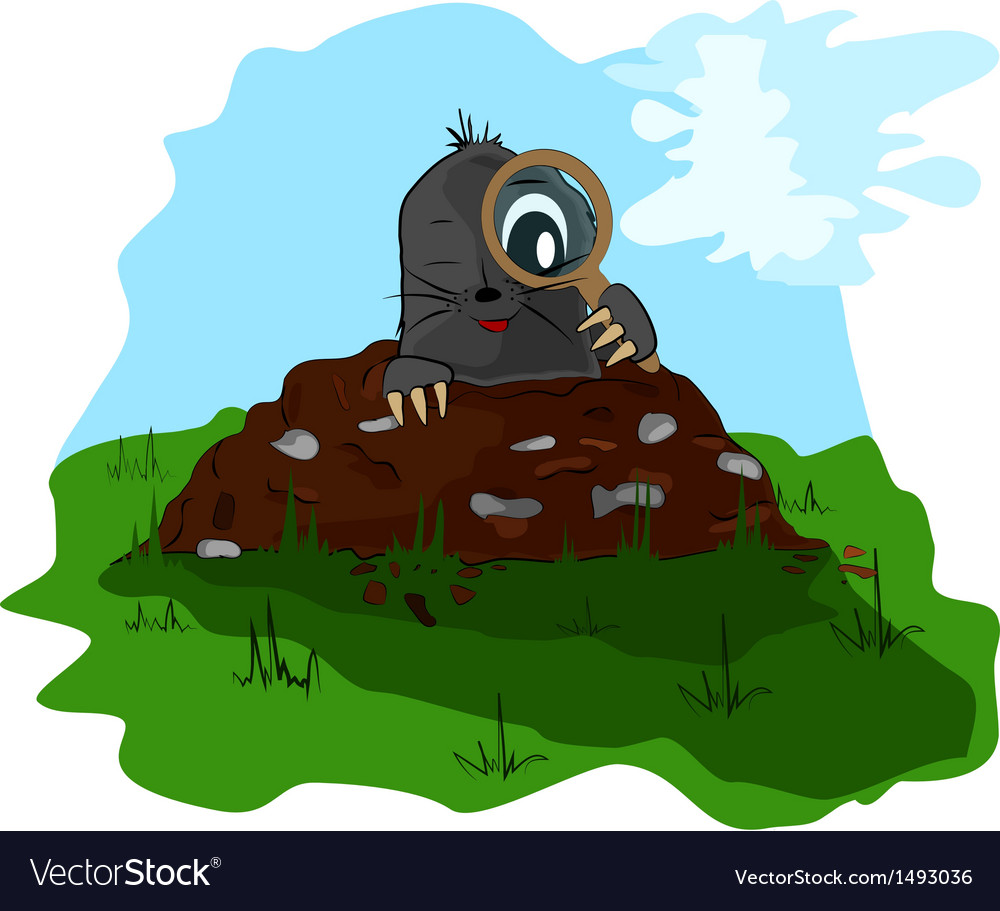 Mole with a magnifying glass on molehill