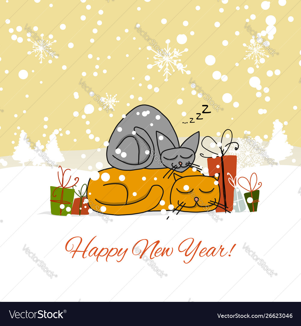 Christmas Card Design With Sleeping Cats Vector Image