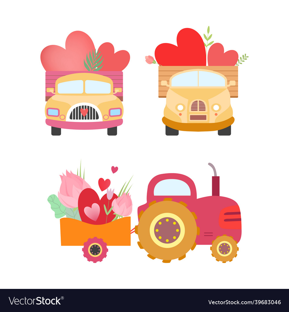 Cute tractor and van with cart full of flowers