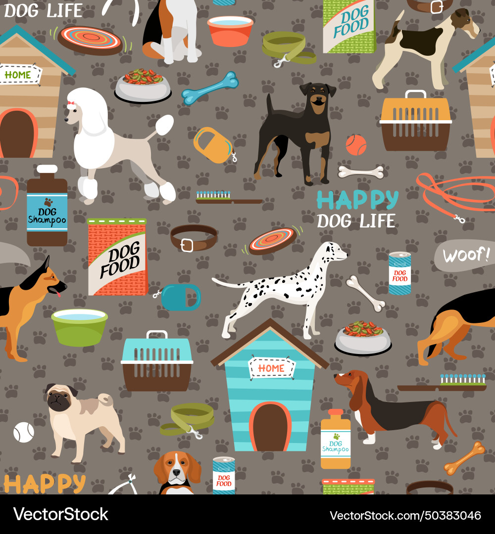 Dogs seamless pattern with equipment Royalty Free Vector