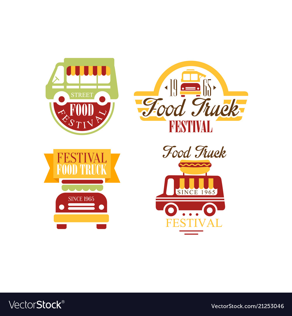 Set of colorful food truck emblems logos