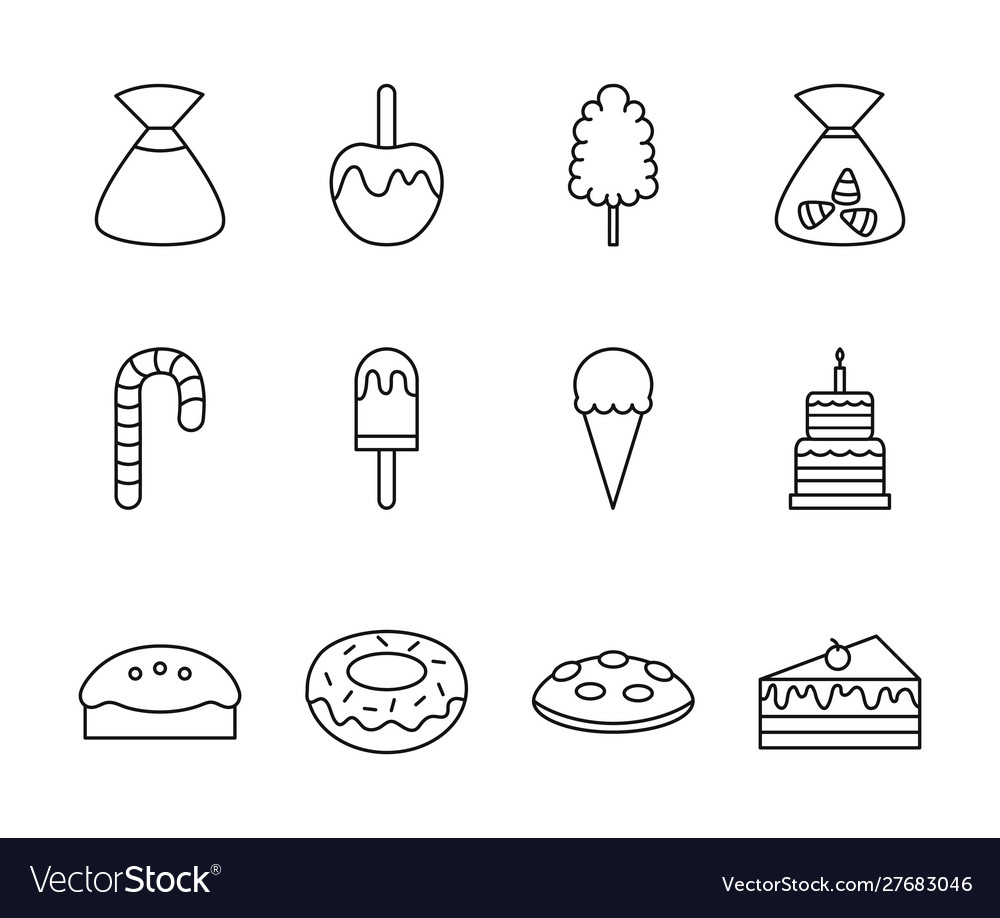 Sweet dessert candy and pastry icons set line