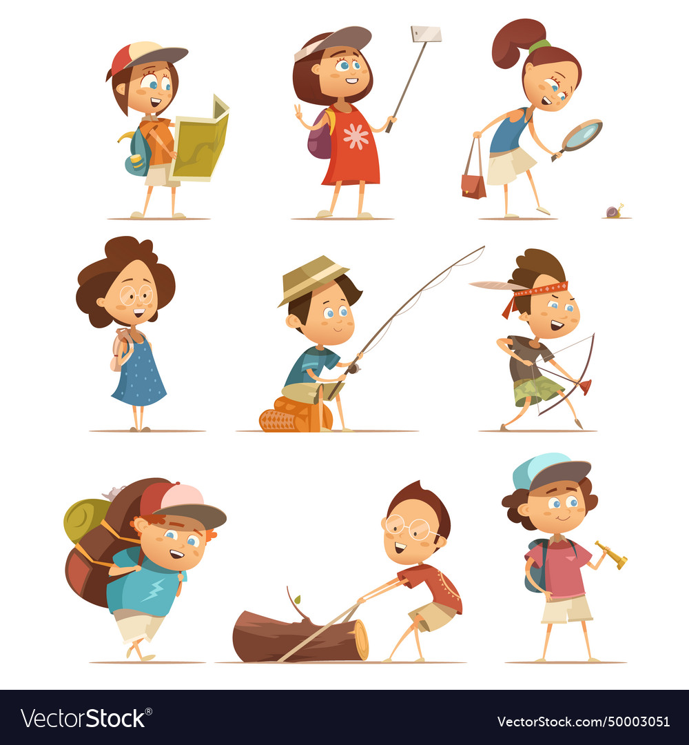 Camping kids icons set