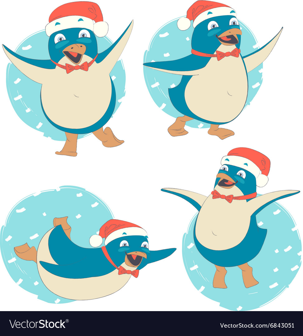 Funny set of penguin character wearing red santa Vector Image