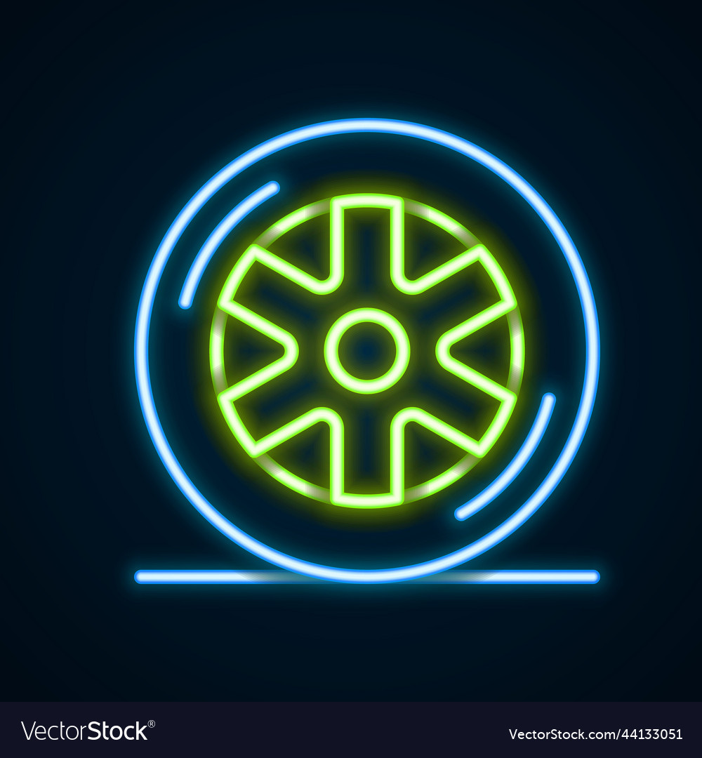 Glowing neon line car wheel icon isolated on black