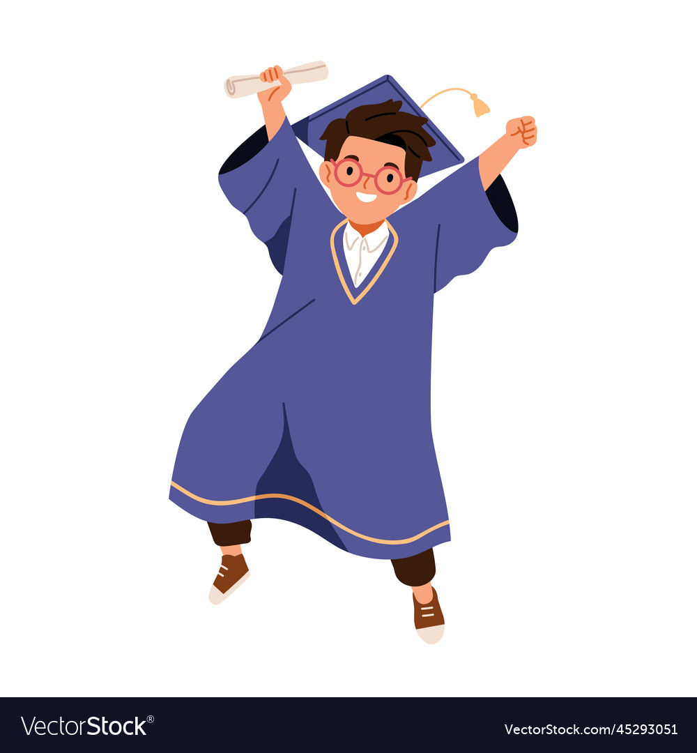 School child in graduation gown cap happy kid Vector Image