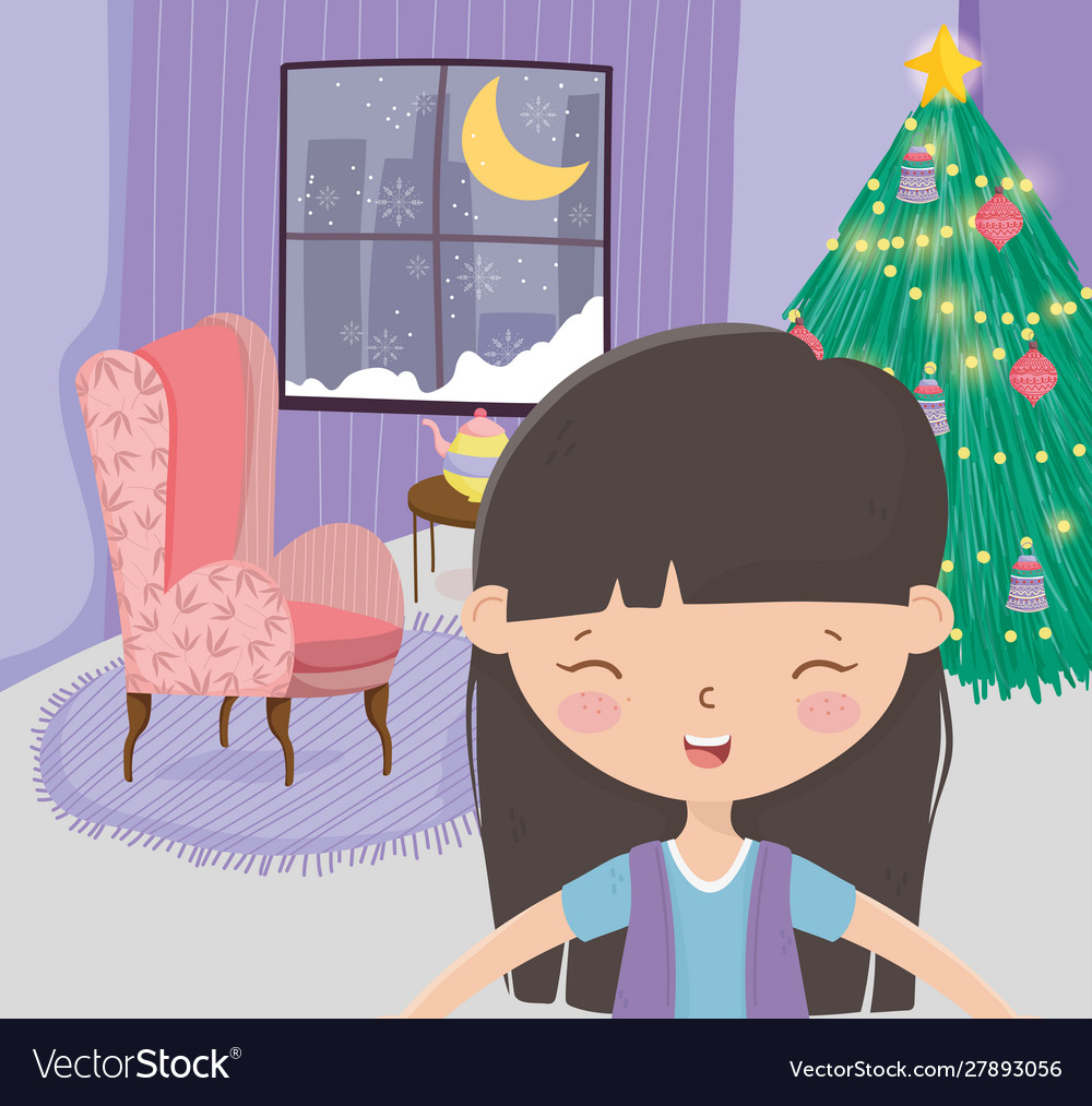 Girl living room tree sofa window snow moon