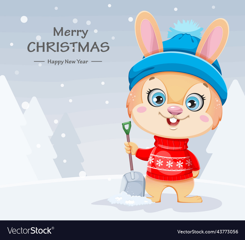 Merry xmas and happy new year cute cartoon rabbit