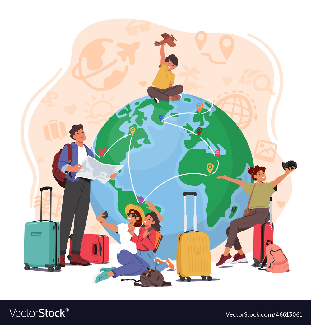 Group of travelers is depicted around an earth Vector Image