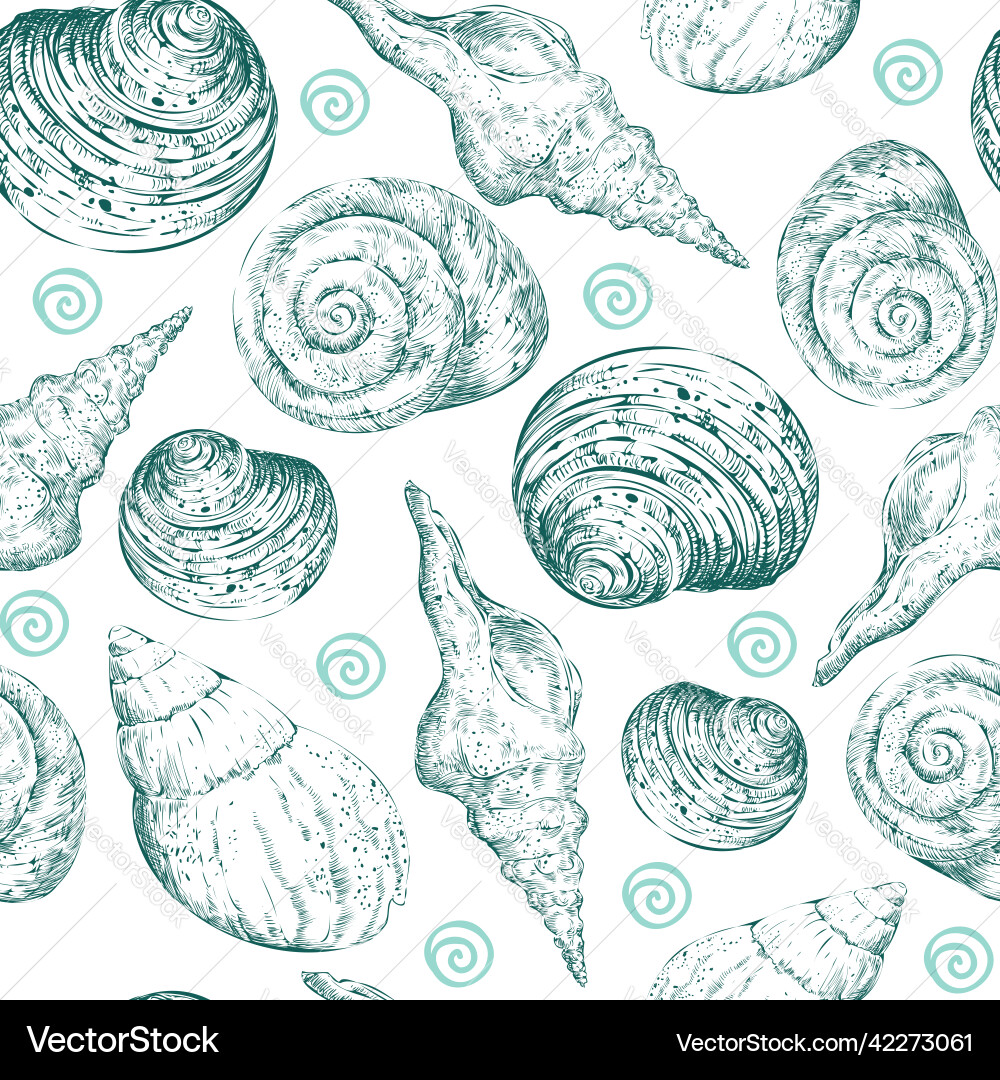 Seamless pattern turquoise hand drawn seashells Vector Image