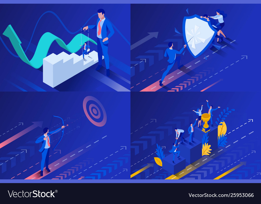 Set isometric business concept control a puppet