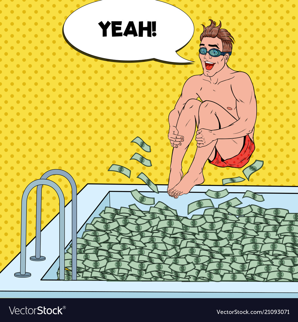 Pop art happy man jumping to the pool of money