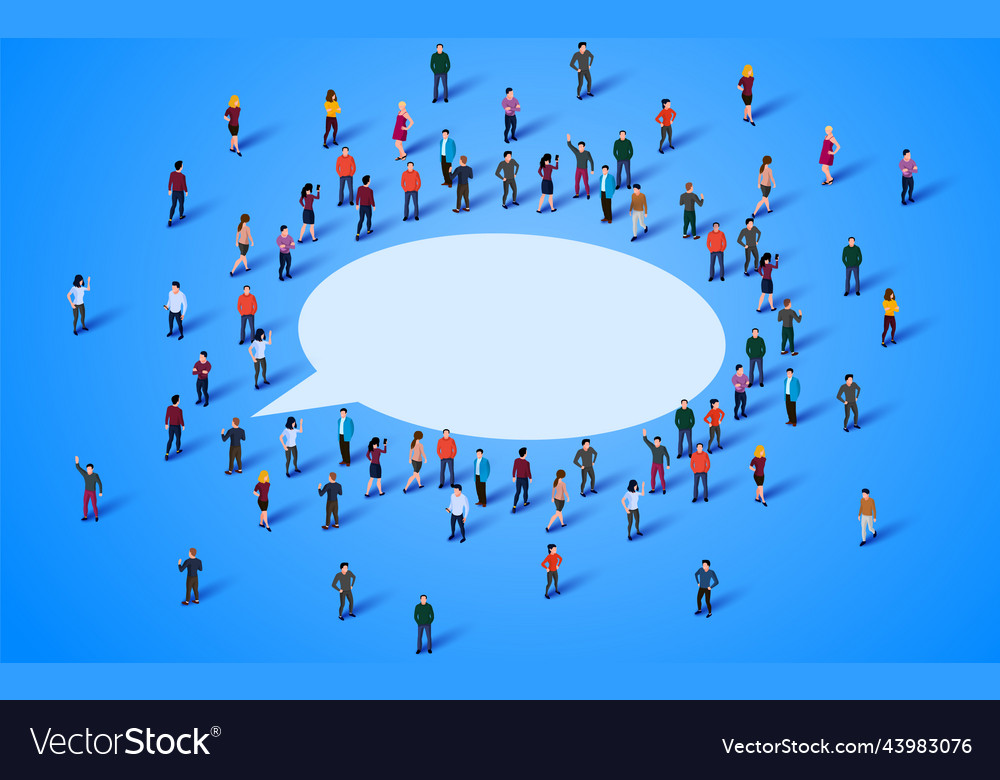 Large group of people standing around chat bubble